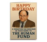 Carte d'anniversaire humoristique avec inscription « A Donation Has Been Made to the Human Fund », intérieur vierge avec enveloppe, carte de vœux de style rétro