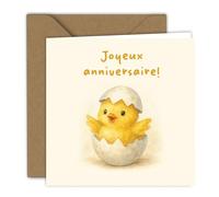 Carte d'anniversaire - Illustration douce d'un poussin sortant de sa coquille, couleurs pastel et joyeuses, pour un enfant | Carte pliée (15x15 cm) - avec enveloppe kraft - Intérieur vierge