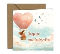 Carte d'anniversaire - Illustration douce d'une montgolfière en forme de cœur avec des nuages pastel, pour célébrer un anniversaire | Carte pliée (15x15 cm) - avec enveloppe kraft - Intérieur vierge