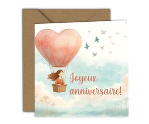Carte d'anniversaire - Illustration douce d'une montgolfière en forme de cœur avec des nuages pastel, pour célébrer un anniversaire | Carte pliée (15x15 cm) - avec enveloppe kraft - Intérieur vierge