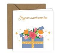 Carte d'anniversaire - Illustration d'un cadeau avec des fleurs colorées, style moderne et joyeux, pour célébrer un anniversaire | Carte pliée (15x15 cm) - avec enveloppe kraft - Intérieur vierge