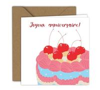 Carte d'anniversaire - Illustration d'un gâteau coloré avec des cerises rouges et des détails pastel, joyeuse et festive, for toi | Carte pliée (15x15 cm) - avec enveloppe kraft - Intérieur vierge