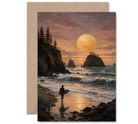 Carte d'anniversaire inspirante - Balade paisible au coucher du soleil - Silhouette de surfeur sur un paysage de plage lumineux - Capture un reflet calme et calme - 12,7 x 17,8 cm, enveloppe incluse