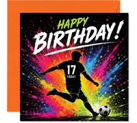 Carte d'anniversaire ludique 17 ans - Explosion d'énergie - Silhouette de footballeur néon sur éclaboussures de peinture vibrante - Carré de 145 mm, enveloppe incluse