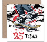 Carte d'anniversaire ludique 25 ans - Kickflip into 25 - Skateboarder en action avec éclaboussures rouges et jaunes vives - Carré de 145 mm, enveloppe incluse