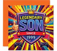 Carte d'anniversaire ludique 27 ans - Level Up Their Day - Trophée de jeu avec inscription « Legendary Son Since 1999 » - Carré de 145 mm, enveloppe incluse