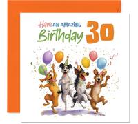 Carte d'anniversaire ludique 30 ans - Explosion de joie d'anniversaire - Quatre chiens animés et ballons colorés dans une scène festive - Carré de 145 mm, enveloppe incluse