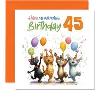 Carte d'anniversaire ludique 45 ans - Quatre chats qui aiment les fêtes - Bash d'anniversaire coloré avec ballons et confettis - Carré de 145 mm, enveloppe incluse