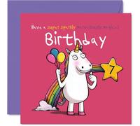 Carte d'anniversaire ludique 7 ans - Débordant de magie d'anniversaire - Licorne fantaisiste, arc-en-ciel et ballons aux couleurs pastel joyeuses - Carré de 145 mm, enveloppe incluse