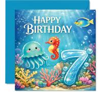 Carte d'anniversaire ludique 7 ans - Plongez dans l'amusement d'anniversaire - Scène sous-marine colorée avec d'adorables créatures marines - Carré de 145 mm, enveloppe incluse