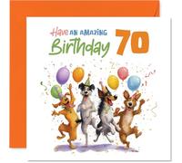 Carte d'anniversaire ludique 70 ans - Explosion de joie d'anniversaire - Quatre chiens avec ballons et confettis - Une célébration du 70e anniversaire - Carré de 145 mm, enveloppe incluse