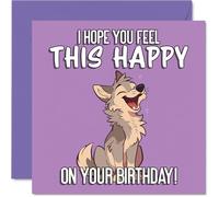 Carte d'anniversaire ludique - Bursting with Joy - Dessin animé loup dansant dans des vibrations violettes - Garantie de répandre la joie d'anniversaire - Carré de 145 mm, enveloppe incluse