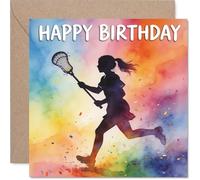 Carte d'anniversaire ludique - Célébrez avec style - Aquarelle arc-en-ciel vibrante avec silhouette d'action de crosse - Carré de 145 mm, enveloppe incluse