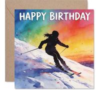 Carte d'anniversaire ludique - Célébrez avec style - Silhouette de skieur vibrante avec éclaboussures arc-en-ciel - Parfait pour les amateurs de sensations fortes et les amateurs d'aventure - Carré de