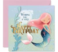 Carte d'anniversaire ludique - Faites une éclaboussure avec une scène de sirène pétillante - Vibes sous-marines pastel et motif joyeux - Carré de 145 mm, enveloppe incluse