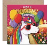Carte d'anniversaire ludique - Licorne avec lunettes de soleil et ballons - Explosion d'arcs-en-ciel et d'ondes d'anniversaire magiques - Carré de 145 mm, enveloppe incluse