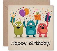 Carte d'anniversaire ludique - Monstrously Good Fun - Monstres colorés avec ballons et cadeaux - Chaos festif pour les faire sourire - Carré de 145 mm, enveloppe incluse