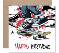 Carte d'anniversaire ludique - Pleine d'énergie - Illustration dynamique de skateboarder avec des accents rouges et jaunes vifs - Carré de 145 mm, enveloppe incluse