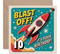 Carte d'anniversaire ludique pour 10e anniversaire - Blast off en deux chiffres - Fusée rétro zooms à travers une scène spatiale colorée - Carré de 145 mm, enveloppe incluse