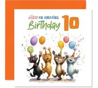 Carte d'anniversaire ludique pour 10e anniversaire - Double chiffres, double le plaisir - Quatre chats joyeux avec ballons et confettis - Carré de 145 mm, enveloppe incluse