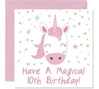 Carte d'anniversaire ludique pour 10e anniversaire - Explosion de magie d'anniversaire - Licorne joyeuse et étoiles colorées sur rose et or - Paillettes pour leur jour spécial - Carré de 145 mm