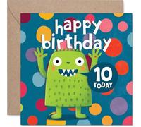 Carte d'anniversaire ludique pour 10e anniversaire - Explosion de monstres amusants - Créatures lumineuses et colorées en mode fête - Carré de 145 mm, enveloppe incluse