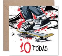 Carte d'anniversaire ludique pour 10e anniversaire - Kickflip en deux chiffres - Action de skateboard et motif audacieux « 10 Today » - Amusement énergétique pour les enfants cool - Carré de 145 mm