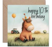 Carte d'anniversaire ludique pour 10e anniversaire - Trot en deux chiffres - Cheval de dessin animé dans un chapeau de fête sur un champ herbeux - Débordant de joie d'anniversaire - Carré de 145 mm