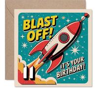 Carte d'anniversaire ludique pour 11e anniversaire - Blast off into Birthday Fun - Scène colorée de fusée et d'espace - Design énergique pour une célébration aventureuse - Carré de 145 mm, enveloppe