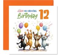 Carte d'anniversaire ludique pour 12e anniversaire - Let the Party Cats Loose - Chats colorés avec ballons et confettis - Débordant de plaisir d'anniversaire - Carré de 145 mm, enveloppe incluse