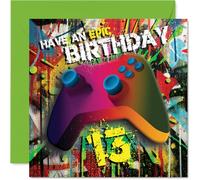 Carte d'anniversaire ludique pour 13e anniversaire - Améliorez le plaisir de l'anniversaire - Design dynamique de manette de jeu graffiti - Parfait pour le grand jour de tout adolescent joueur - Carré