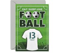 Carte d'anniversaire ludique pour 13e anniversaire - Eat Sleep Live Football - Motif de terrain et maillot audacieux avec 13 ans sur le devant - Explosion d'énergie sportive - A5, enveloppe incluse