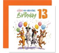 Carte d'anniversaire ludique pour 13e anniversaire - Explosion de joie d'anniversaire - Quatre chiens joyeux, ballons et confettis aux couleurs vives - Carré de 145 mm, enveloppe incluse