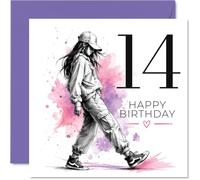 Carte d'anniversaire ludique pour 14e anniversaire, style rue | Adolescente avec des baskets sur une éclaboussure rose et violette, plaisir moderne pour un 14ème anniversaire cool