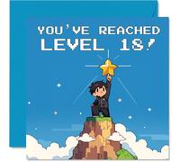 Carte d'anniversaire ludique pour 18e anniversaire - Level Up Laughs - Joueur rétro pixel art escaladant une montagne pour cette étoile dorée - Une façon amusante de marquer une année importante