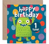 Carte d'anniversaire ludique pour 1er anniversaire - One Today and Ready to Roar - Monstre vert joyeux avec des vibrations vives à pois - Carré de 145 mm, enveloppe incluse
