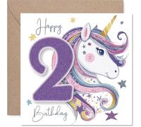 Carte d'anniversaire ludique pour 2e anniversaire - Licorne magique et numéro doré pailleté - Étoiles et joyeux anniversaire - Carré de 145 mm, enveloppe incluse