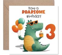 Carte d'anniversaire ludique pour 3e anniversaire - Have a ROARSOME Day - Dinosaure avec ballons et cupcakes - Design lumineux et joyeux pour un troisième anniversaire amusant - Carré de 145 mm