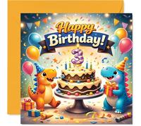 Carte d'anniversaire ludique pour 3ème anniversaire - Dino Party Fun - Deux dinosaures joyeux avec ballons et gâteau - Couleurs vives pour un anniversaire rugissant - Carré de 145 mm, enveloppe
