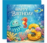 Carte d'anniversaire ludique pour 3ème anniversaire - Éclaboussures de plaisir d'anniversaire - Scène sous-marine joyeuse avec d'adorables créatures marines - Carré de 145 mm, enveloppe incluse