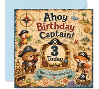 Carte d'anniversaire ludique pour 3ème anniversaire - Ensemble voile pour aventure d'anniversaire - Équipage d'animaux pirates, coffre au trésor et carte nautique colorée - Carré de 145 mm, enveloppe