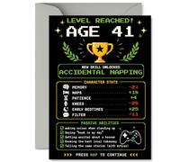 Carte d'anniversaire ludique pour 41e anniversaire - Niveau 41 débloquée - Carte de jeu vidéo rétro avec trophée Pixel et statistiques de personnages spirituels - A5, enveloppe incluse