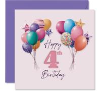 Carte d'anniversaire ludique pour 4e anniversaire - Amusant d'anniversaire scintillant - Ballons pastel et étoiles avec un rose vif 4 - Débordant d'ambiances festives - Carré de 145 mm, enveloppe