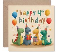 Carte d'anniversaire ludique pour 4e anniversaire - Amusant rugissant pour les petits aventuriers - Dinosaures joyeux avec ballons et chapeaux de fête - Carré de 145 mm, enveloppe incluse