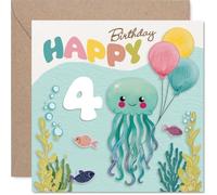 Carte d'anniversaire ludique pour 4e anniversaire - Méduse et ballons avec algues - Scène sous-marine fantaisiste lumineuse pour un quatrième anniversaire - Carré de 145 mm, enveloppe incluse