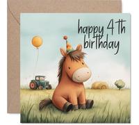 Carte d'anniversaire ludique pour 4ème anniversaire - Apportez le rire d'anniversaire - Cheval de dessin animé dans un chapeau de fête sur une scène de ferme colorée - Carré de 145 mm, enveloppe