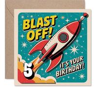 Carte d'anniversaire ludique pour 5e anniversaire - Blast off to Five - Motif fusée et espace coloré avec rouge et bleu vif - Carré de 145 mm, enveloppe incluse