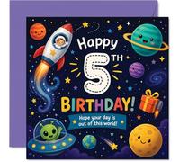 Carte d'anniversaire ludique pour 5e anniversaire - Fusée spatiale et aventure joyeuse extraterrestre - Couleurs vives qui en font un véritable accroche-regard - Carré de 145 mm, enveloppe incluse