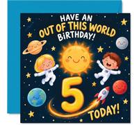 Carte d'anniversaire ludique pour 5e anniversaire, « Have an Out of This | Aventure spatiale colorée avec planètes, fusée et astronautes, carré de 145 mm, enveloppe incluse