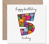 Carte d'anniversaire ludique pour 5ème anniversaire - Débordant de plaisir d'anniversaire - Motif numéro 5 rempli d'ours colorés - Sure to Spark Big Smiles - Carré de 145 mm, enveloppe incluse